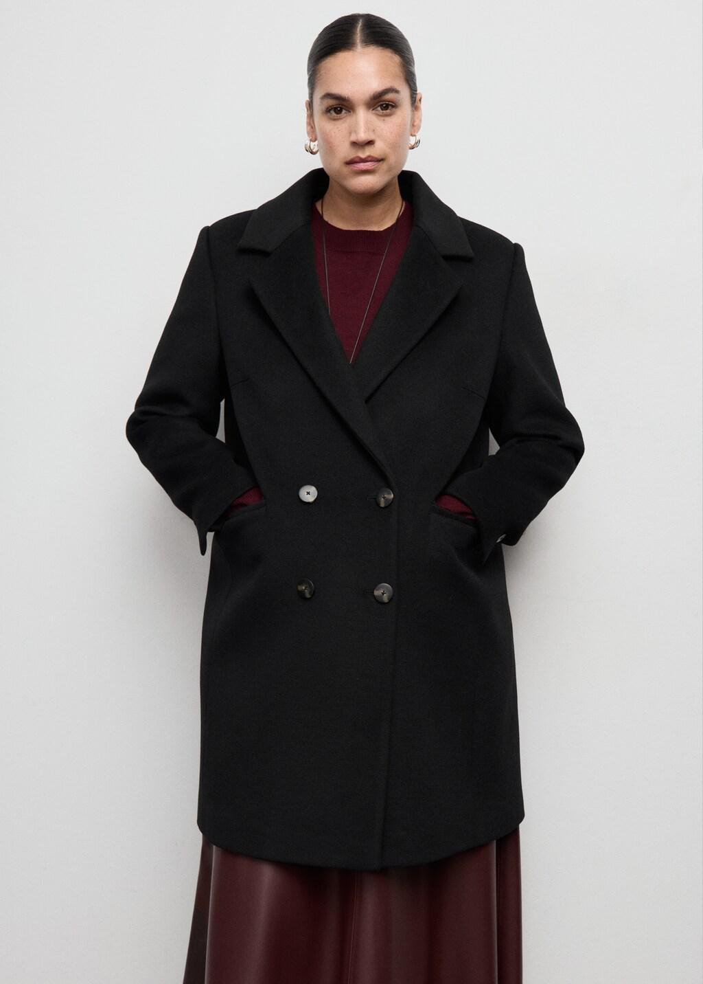 Black Double-Breasted Wool Blend Coat, Black, large image number 7