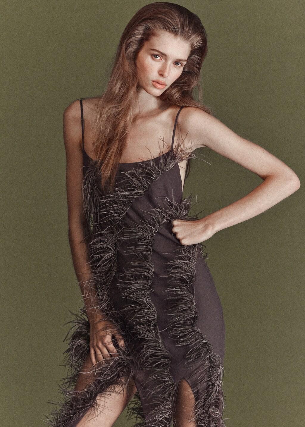 Brown Feather Dress With Fringed Hem, Medium Brown, large image number 3
