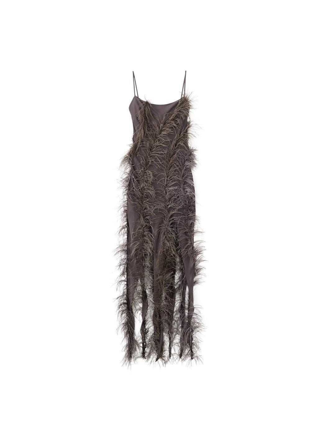 Brown Feather Dress With Fringed Hem, Medium Brown, large image number 5