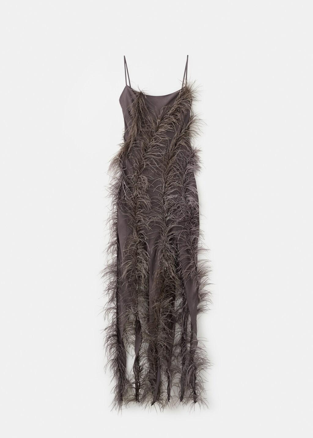 Brown Feather Dress With Fringed Hem, Medium Brown, large image number 6