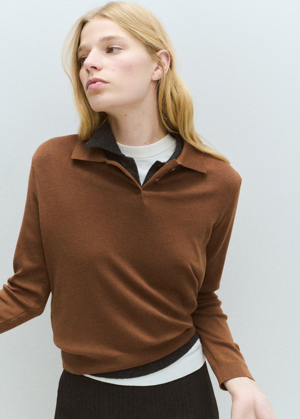 Brown Polo Collar Wool Sweater, Medium Brown, large image number 3