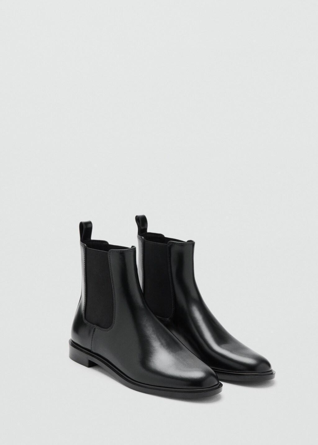 Black Elastic Panels Leather Ankle Boots, Black, medium