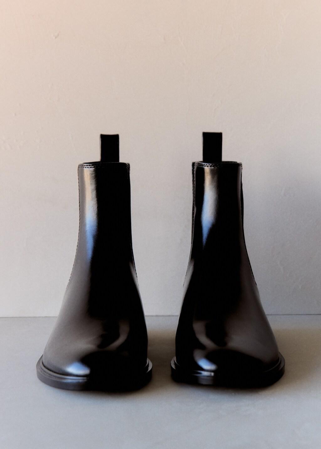 Black Elastic Panels Leather Ankle Boots, Black, medium