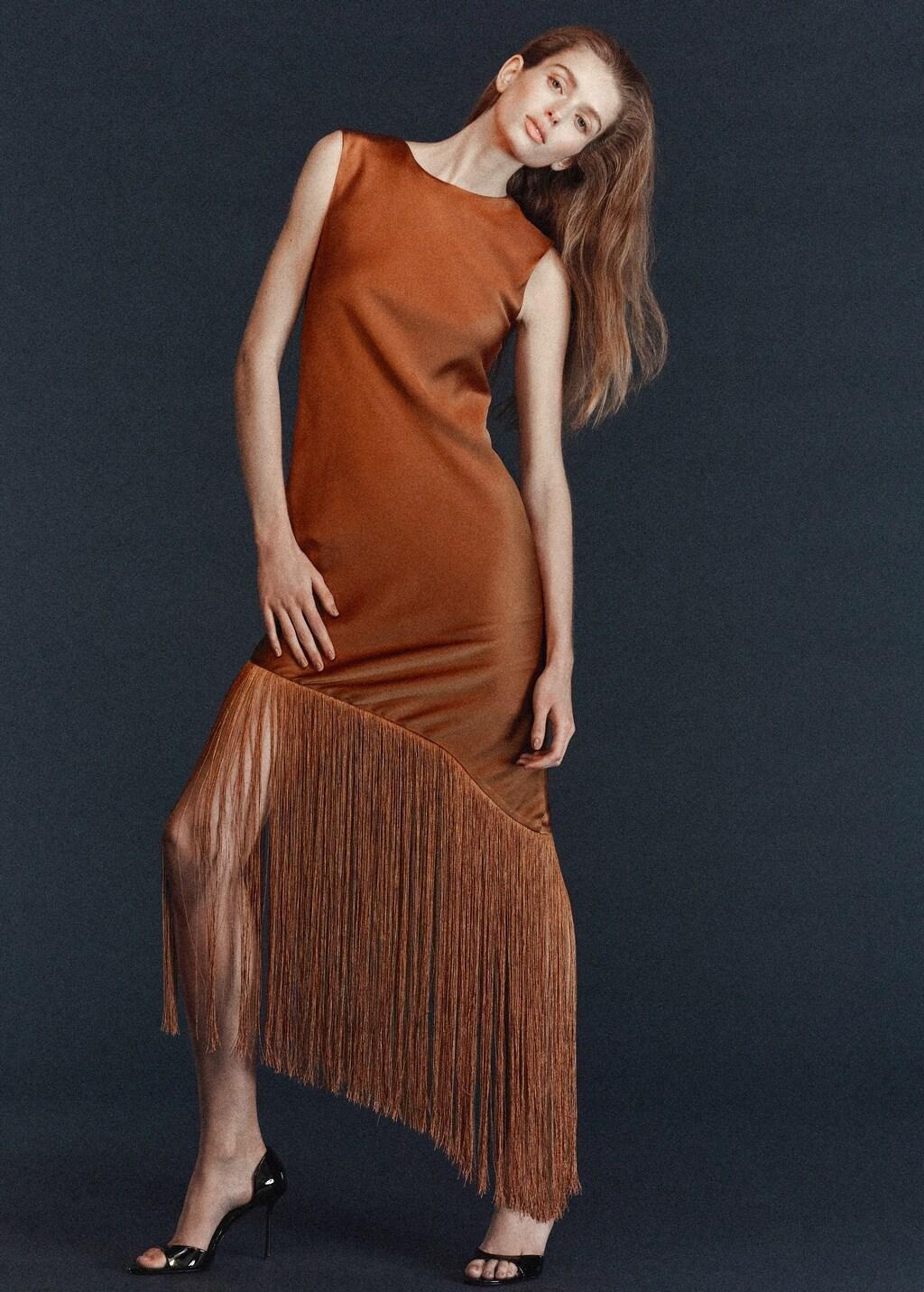 Brown Asymmetrical Satin Dress With Fringes, 0201_17, large image number 0