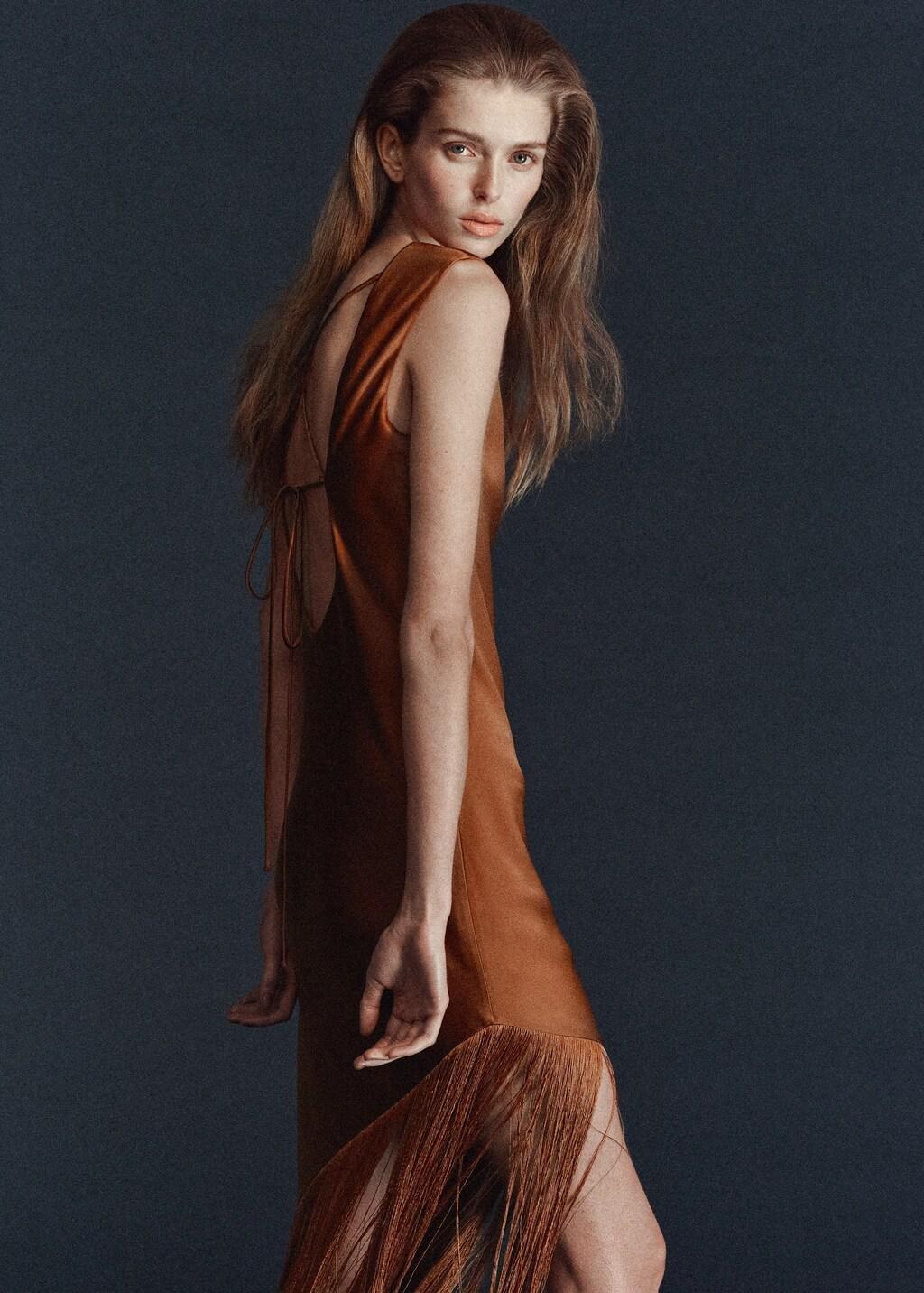 Brown Asymmetrical Satin Dress With Fringes, 0201_17, large image number 2