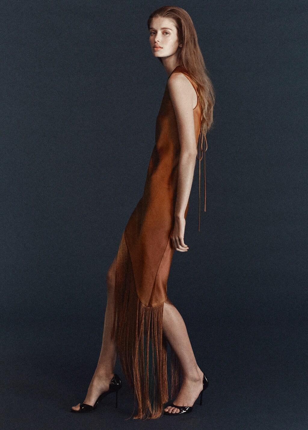 Brown Asymmetrical Satin Dress With Fringes, Dark Brown, large image number 3