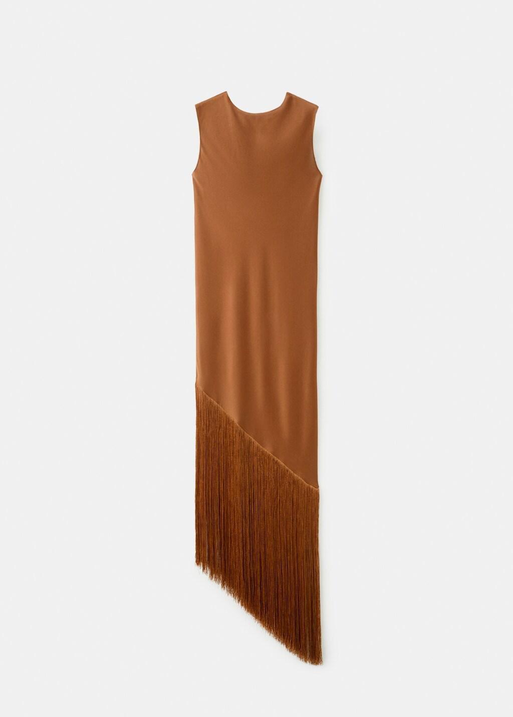Brown Asymmetrical Satin Dress With Fringes, Dark Brown, large image number 6
