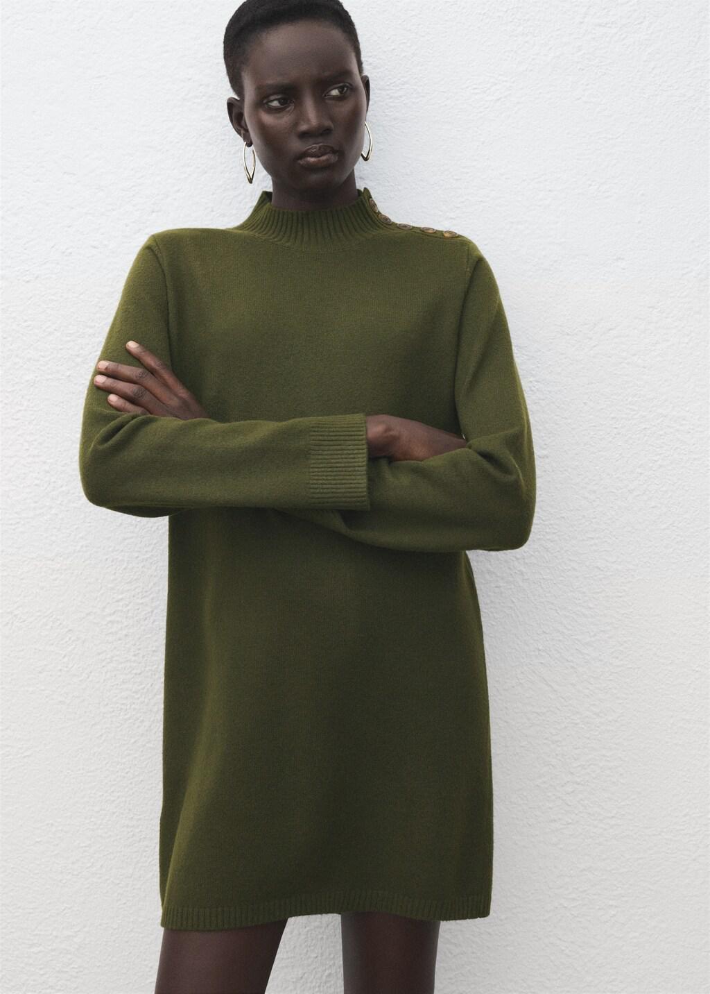 Khaki Button Knit Dress, Beige - Khaki, large image number 3