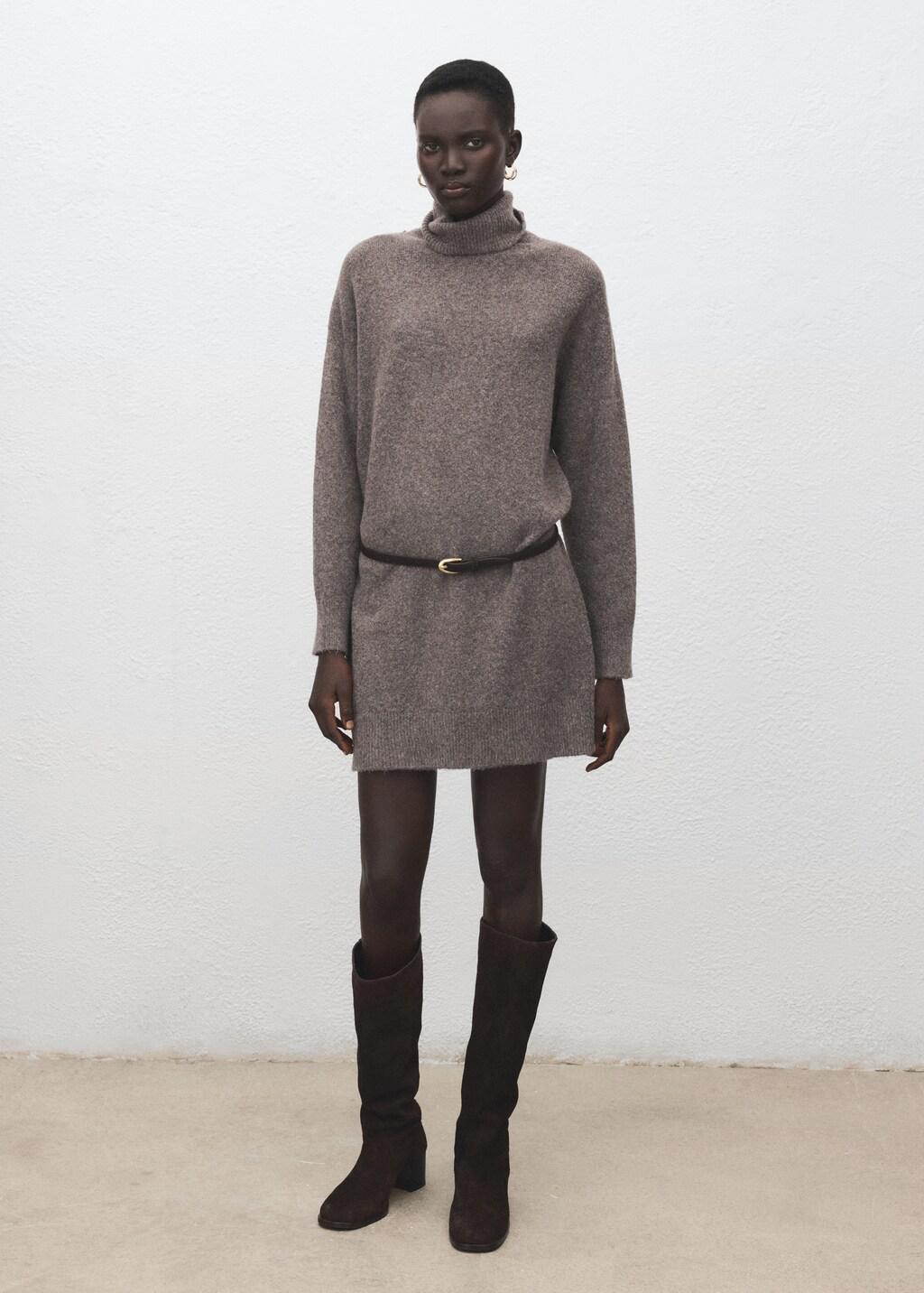 Brown Knitted Turtleneck Dress, 0201_35, large image number 0