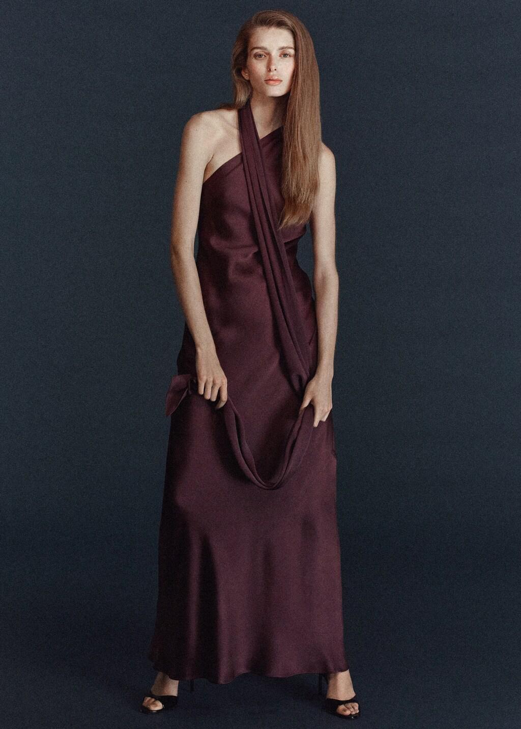 Purple Asymmetrical Bow-Neck Dress, Dark Red, large image number 0