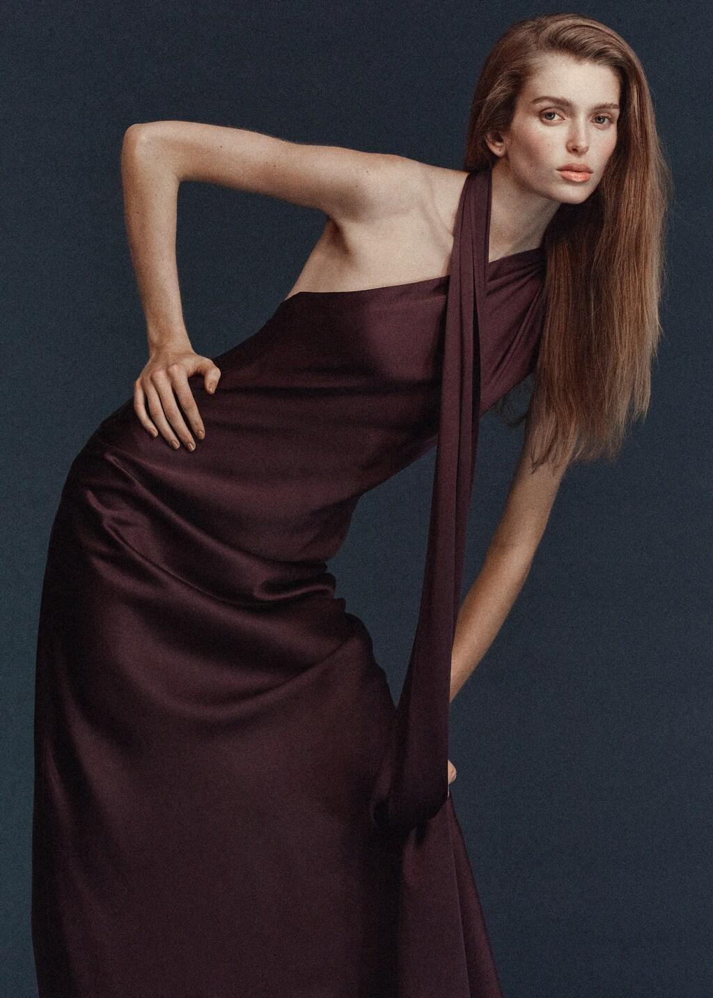 Purple Asymmetrical Bow-Neck Dress, Dark Red, large image number 3