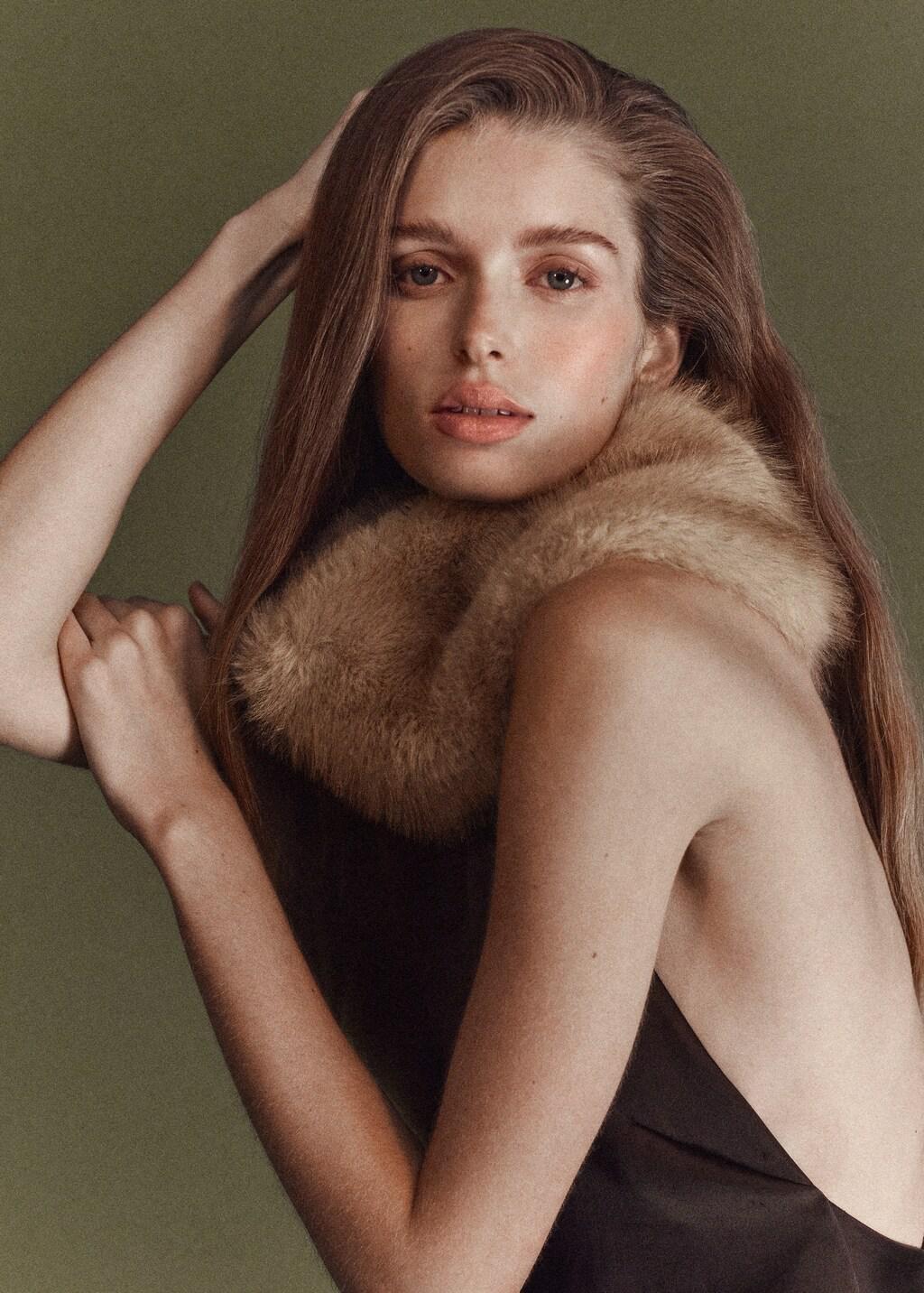 Brown Satin Dress With Fur Collar, Brown, large image number 4