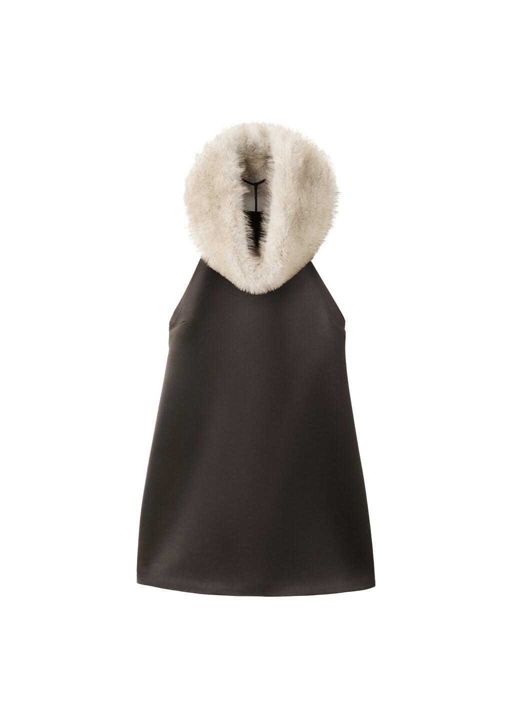 Brown Satin Dress With Fur Collar, Brown, large image number 6