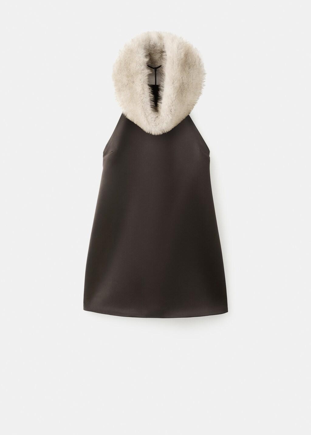 Brown Satin Dress With Fur Collar, Brown, large image number 7