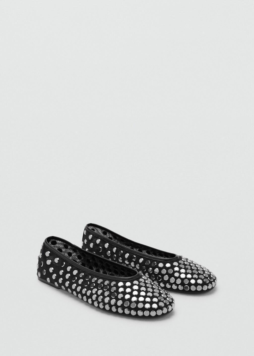 Black Mesh Ballerinas With Studs, Black, large image number 1