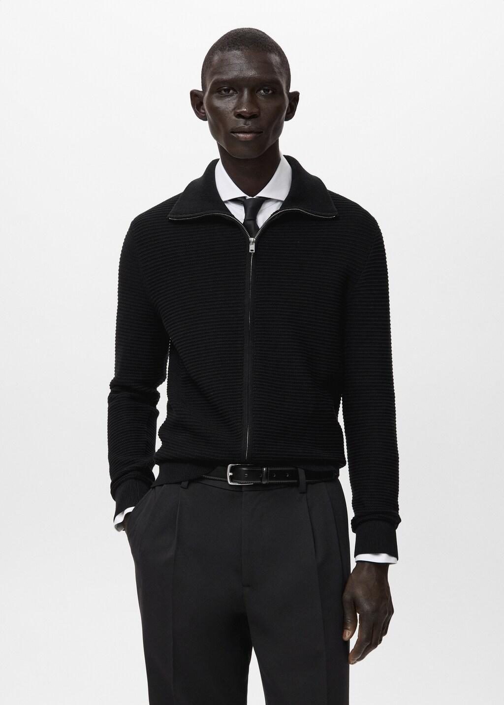 Black Structured Knitted Cardigan With Zip, Black, large image number 2