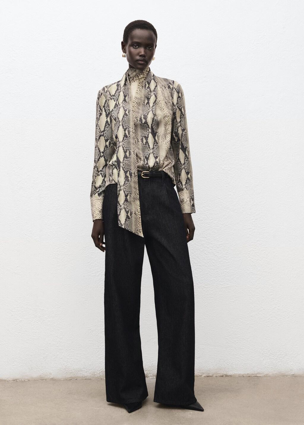 Brown Animal-Print Blouse With Scarf, Brown, medium