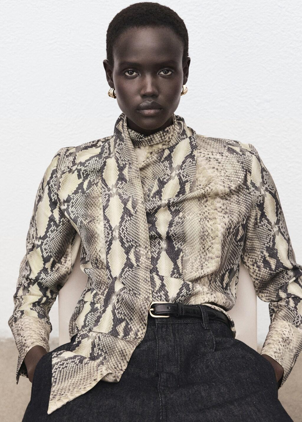 Brown Animal-Print Blouse With Scarf, Brown, large image number 3