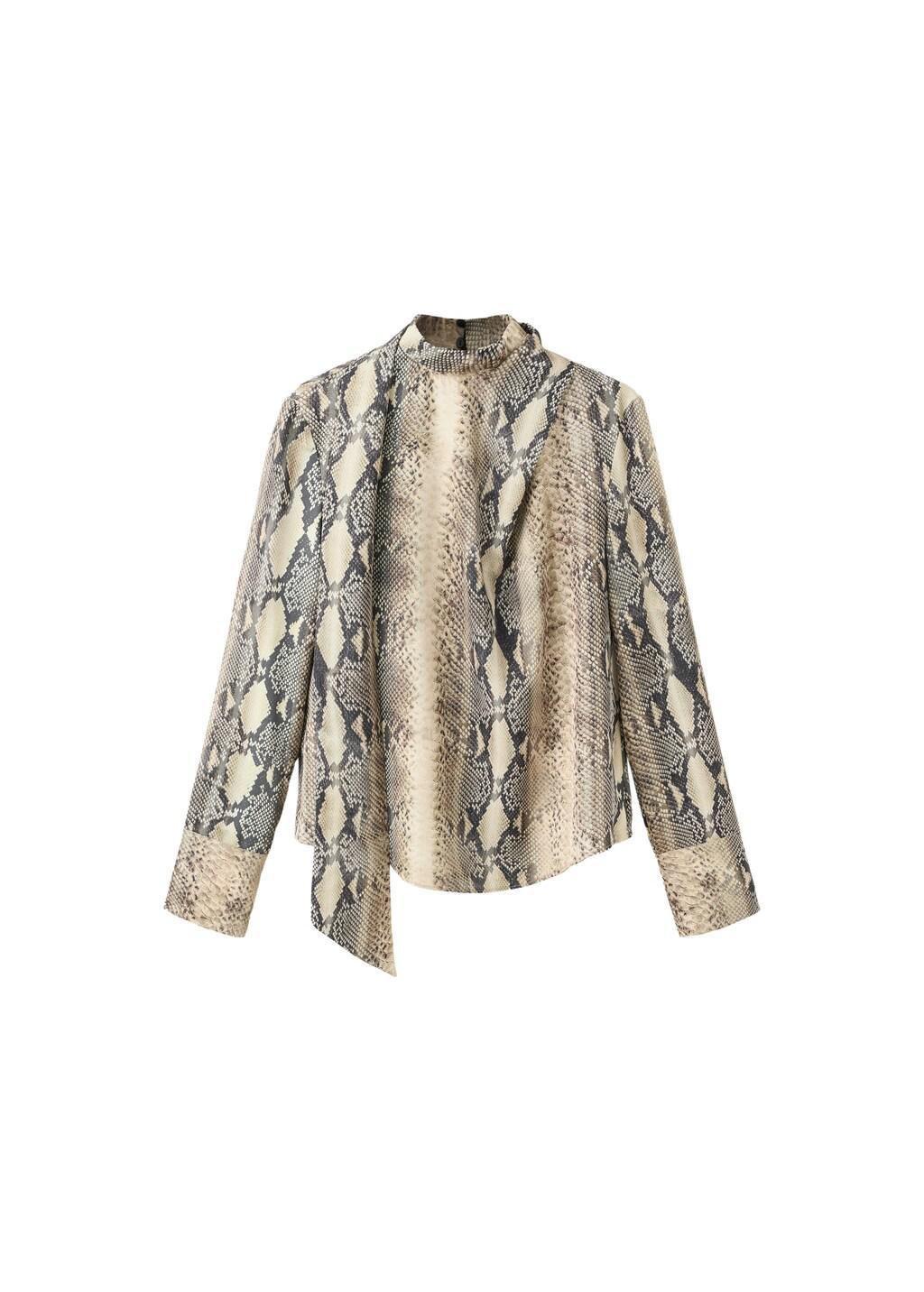 Brown Animal-Print Blouse With Scarf, Brown, large image number 6