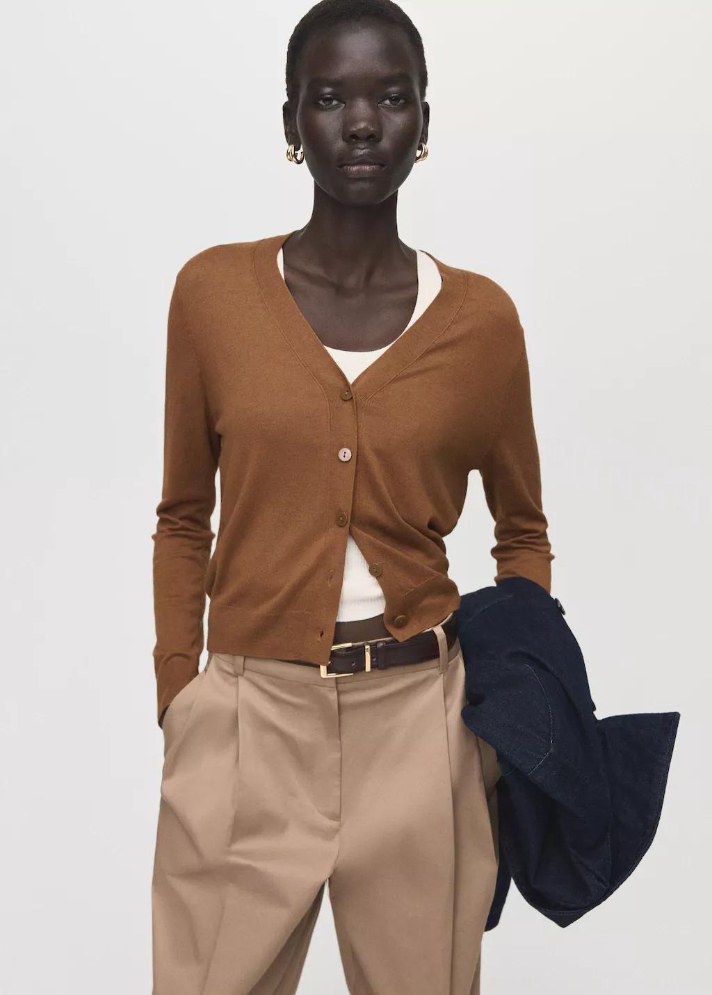 Brown V-Neck Knitted Cardigan, Medium Brown, large image number 3