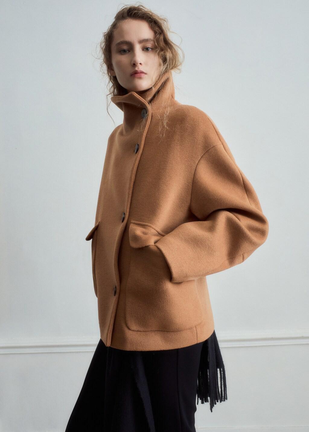 Brown Wool-Blend Funnel-Neck Coat, Medium Brown, large image number 3