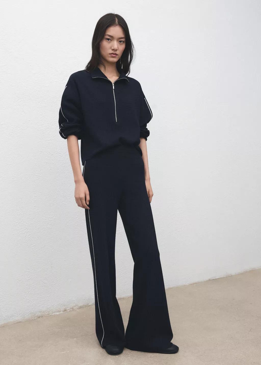 Navy Contrast Stripe Straight Trousers, Navy, large image number 0