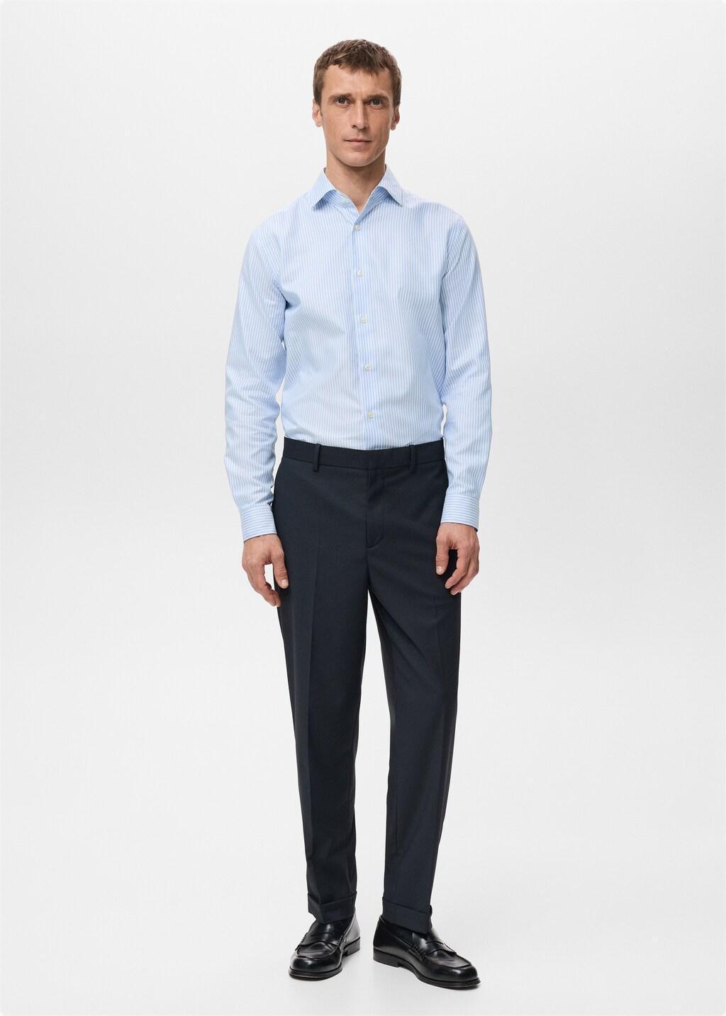 Blue Cotton Slim-Fit Striped Shirt, Light-Pastel Blue, large image number 0