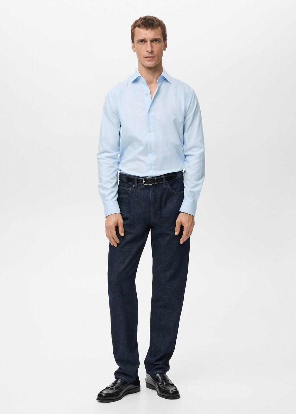 Blue Cotton Slim-Fit Striped Shirt, Medium Blue, large image number 0