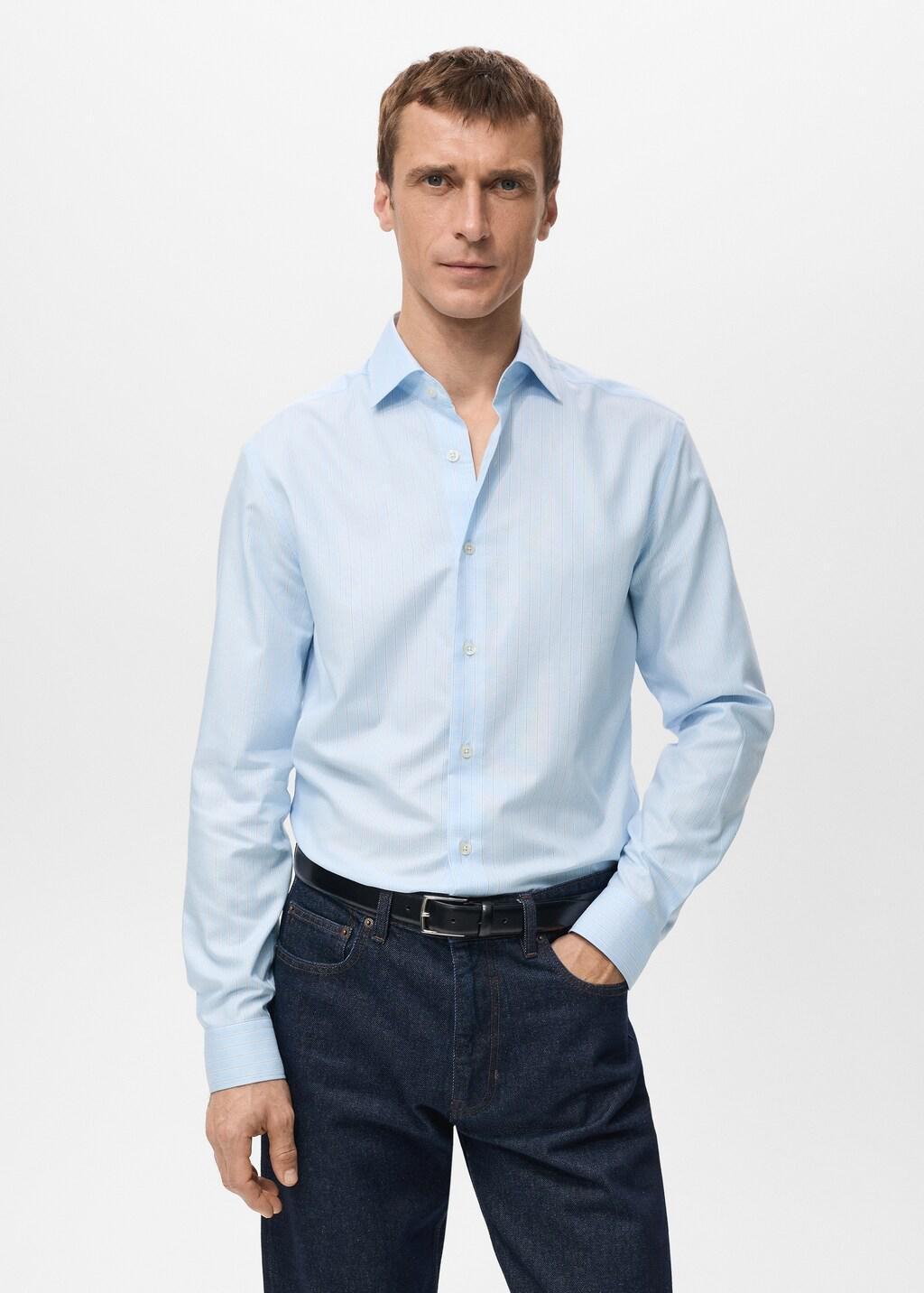 Blue Cotton Slim-Fit Striped Shirt, Medium Blue, large image number 3