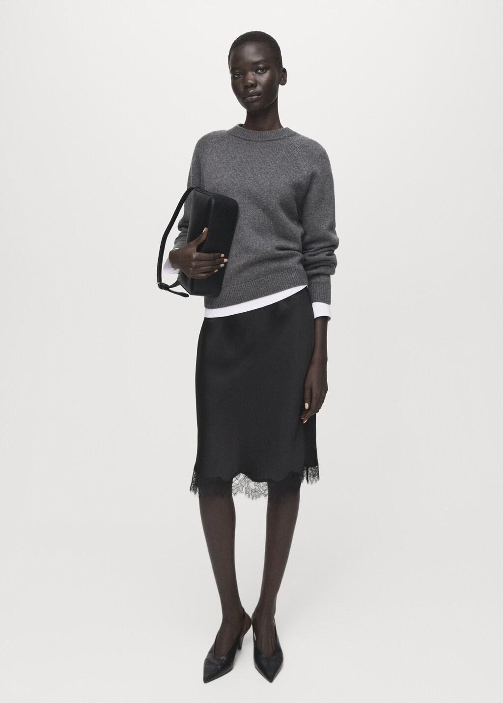 Black Satin Lace Skirt, Black, large image number 0