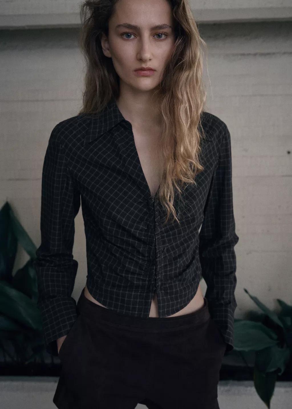 Grey Gathered Check Blouse, Grey, large image number 2