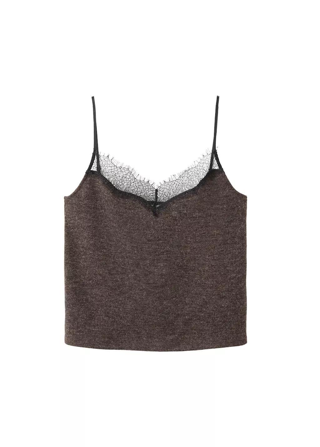 Brown Top With Lace Neck, Dark Brown, large image number 5