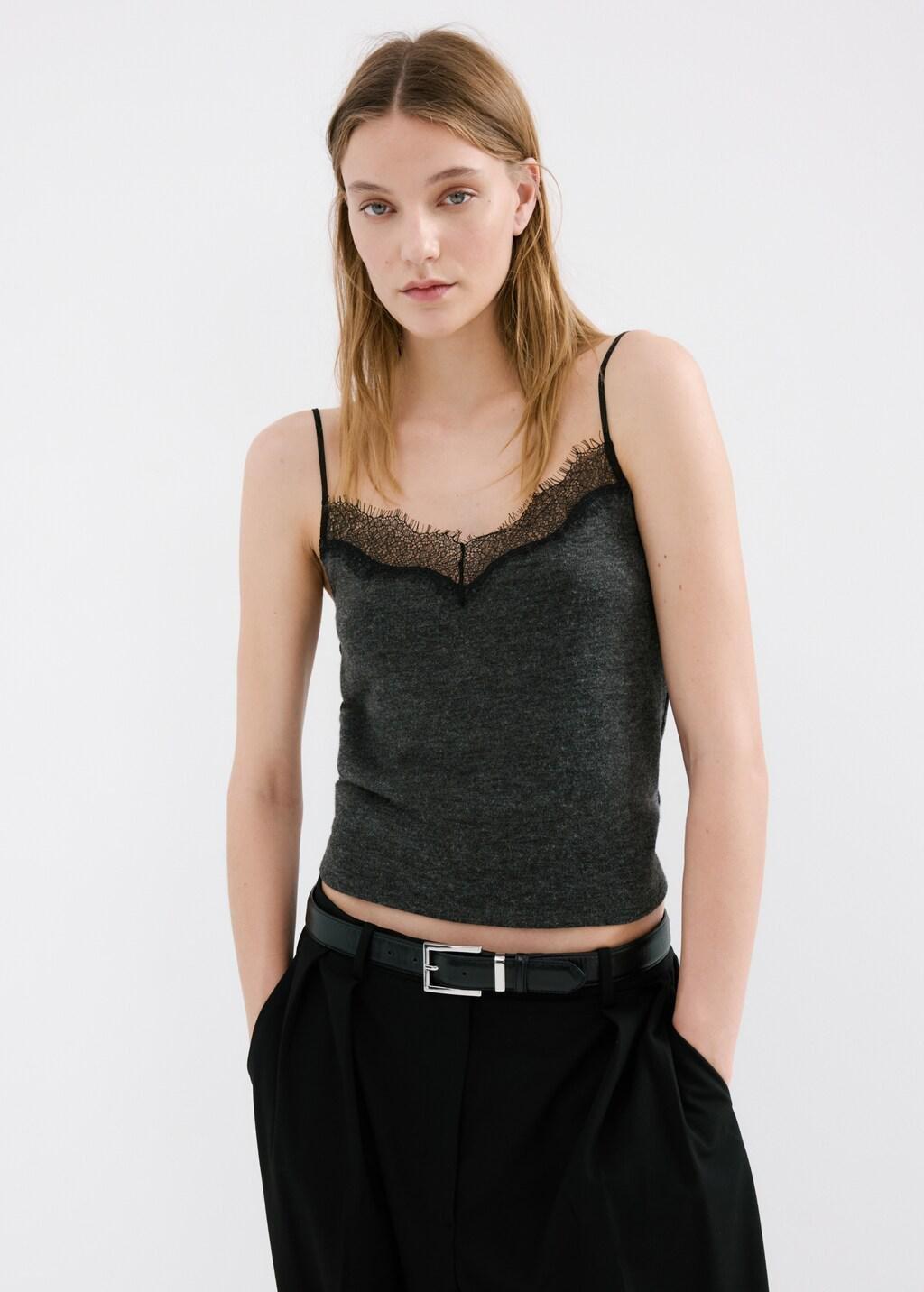 Grey Top With Lace Neck, Dark Grey, large image number 3