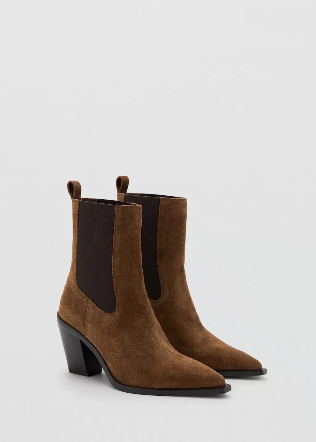 Brown Suede Ankle Boots With Pointed Toe And Block Heel, Medium Brown, large image number 1
