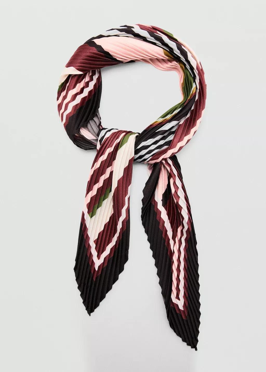 Red Printed Pleated Scarf, Dark Red, large image number 1