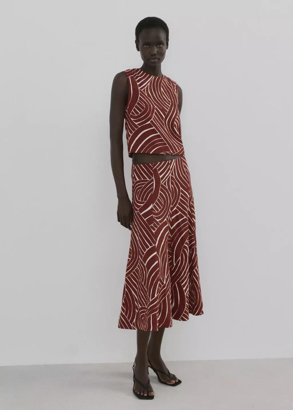 Red A-Line Skirt With Geometric Pattern, Dark Red, large image number 0
