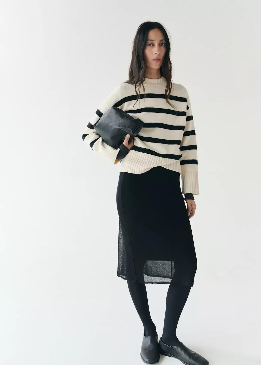 Beige Knit Striped Sweater, 0201_05, large image number 0