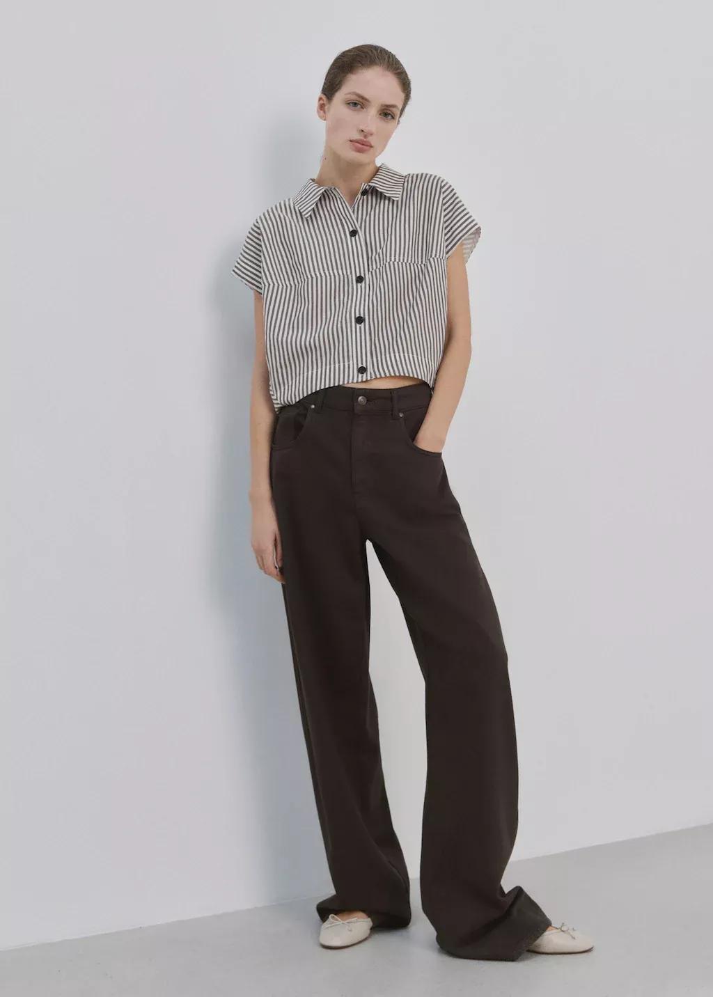 Beige Striped Cropped Shirt, 0201_05, large image number 0