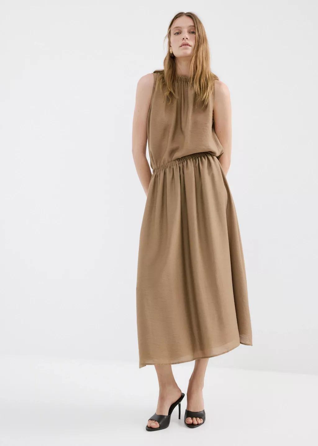 Brown Gathered Midi Skirt, 0201_30, medium