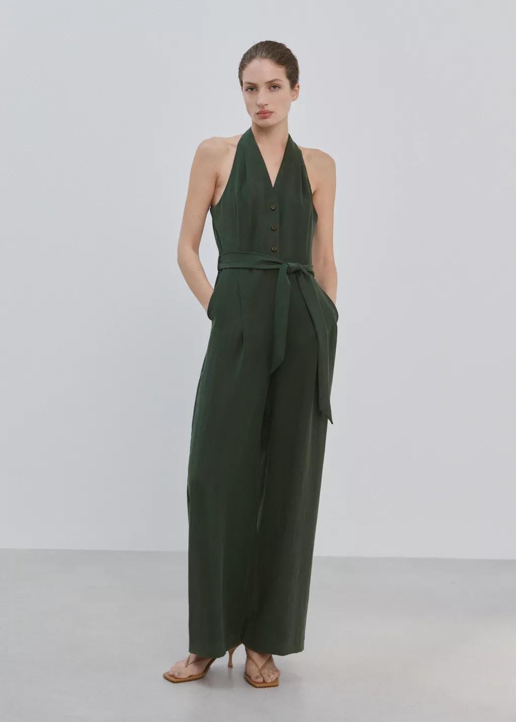 Khaki Halter-Neck Jumpsuit With Belt, 0201_37, large image number 0