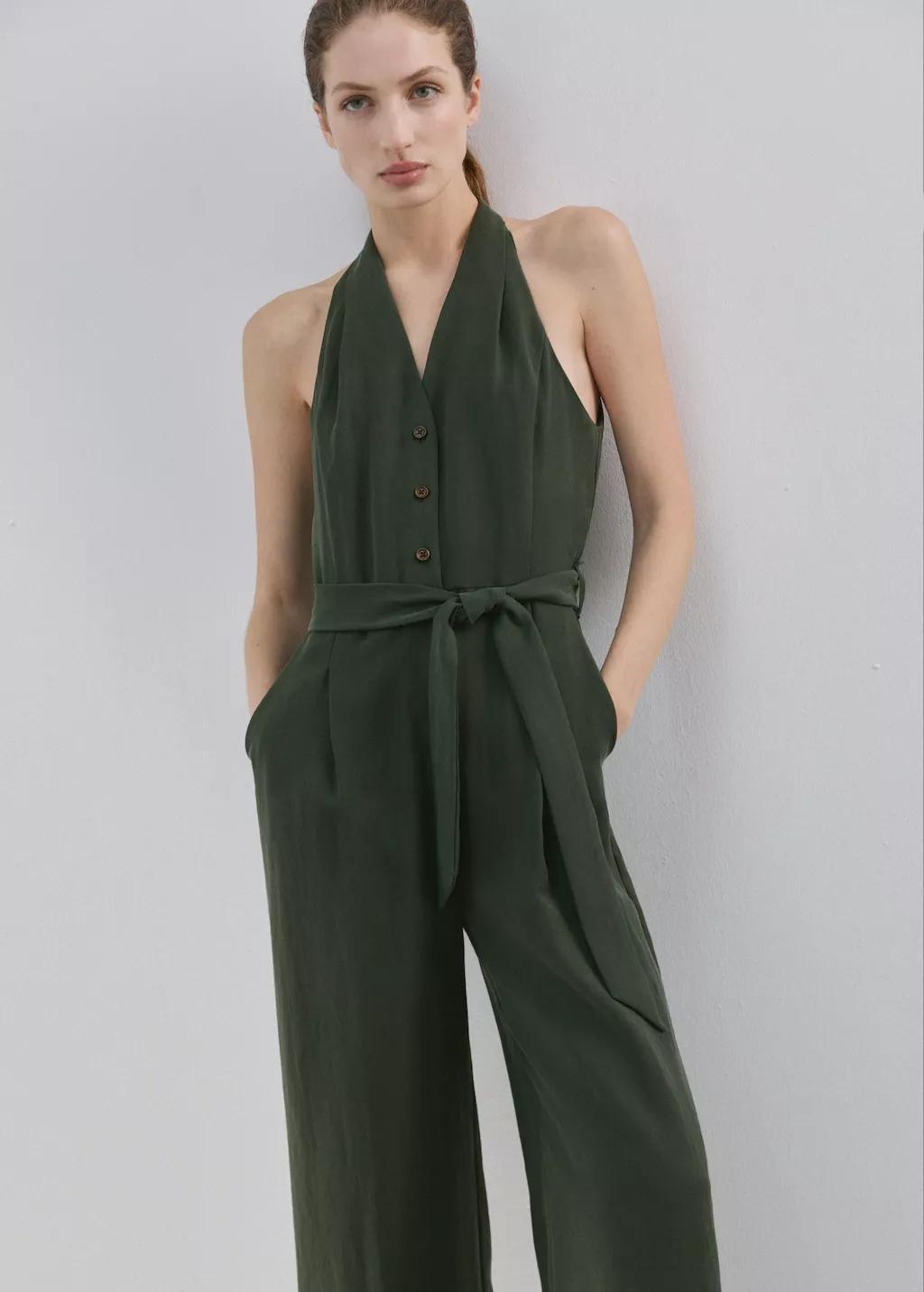 Khaki Halter-Neck Jumpsuit With Belt, 0201_37, large image number 3
