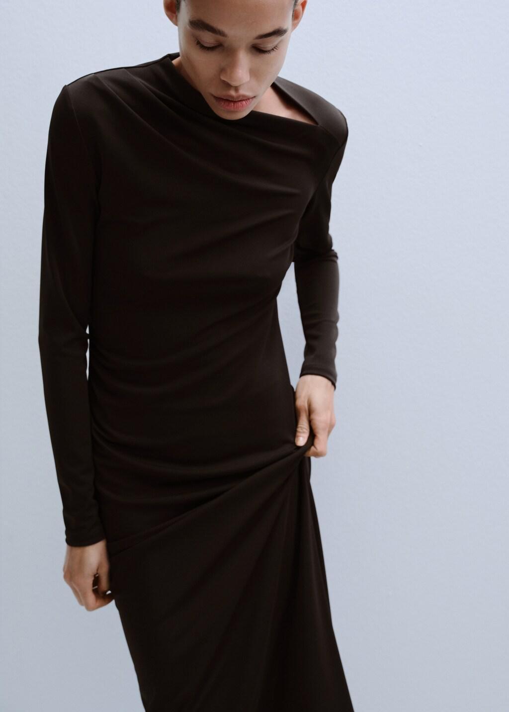 Brown Boat-Neck Ruched Dress, 0201_32, large image number 3