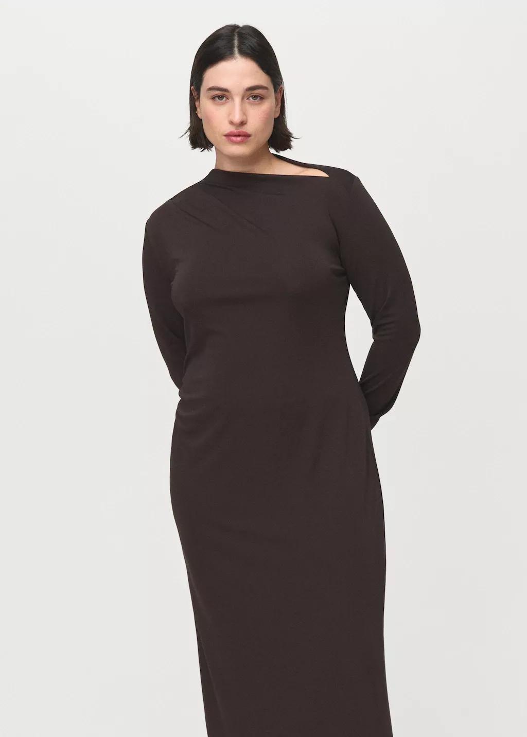 Brown Boat-Neck Ruched Dress, 0201_32, large image number 6