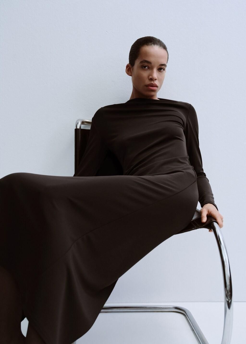 Brown Boat-Neck Ruched Dress, 0201_32, large image number 7