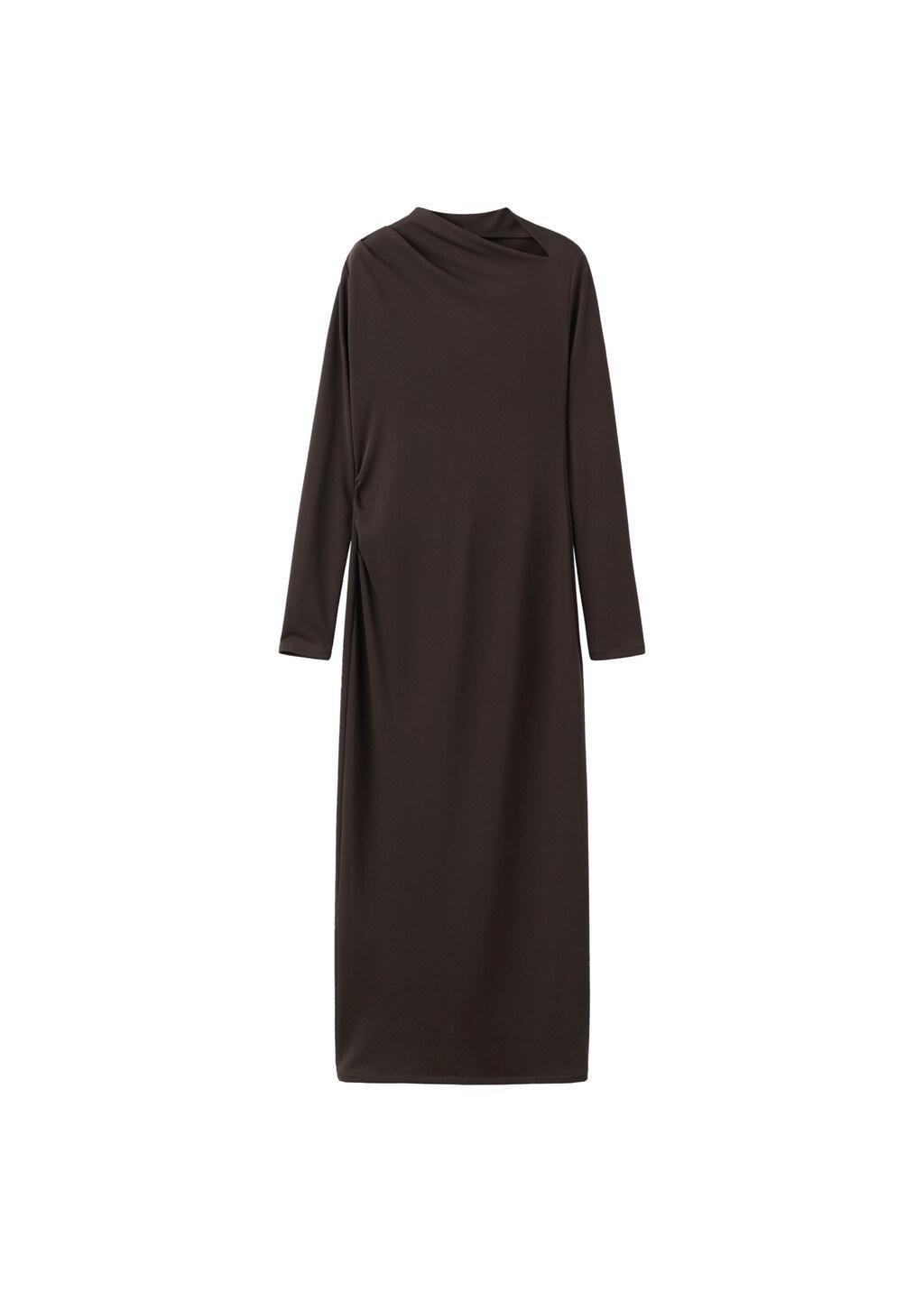 Brown Boat-Neck Ruched Dress, 0201_32, large image number 8