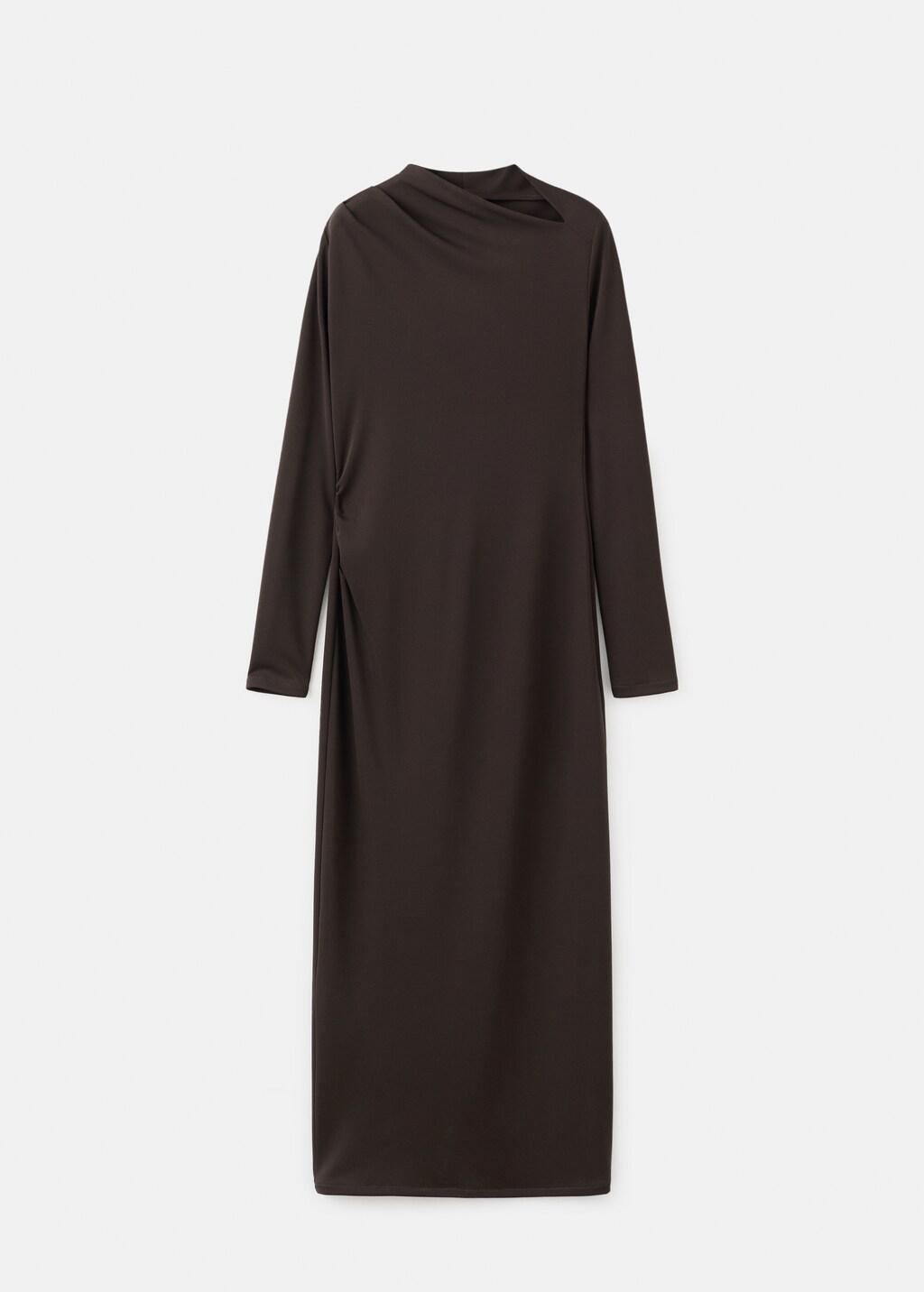 Brown Boat-Neck Ruched Dress, 0201_32, large image number 9