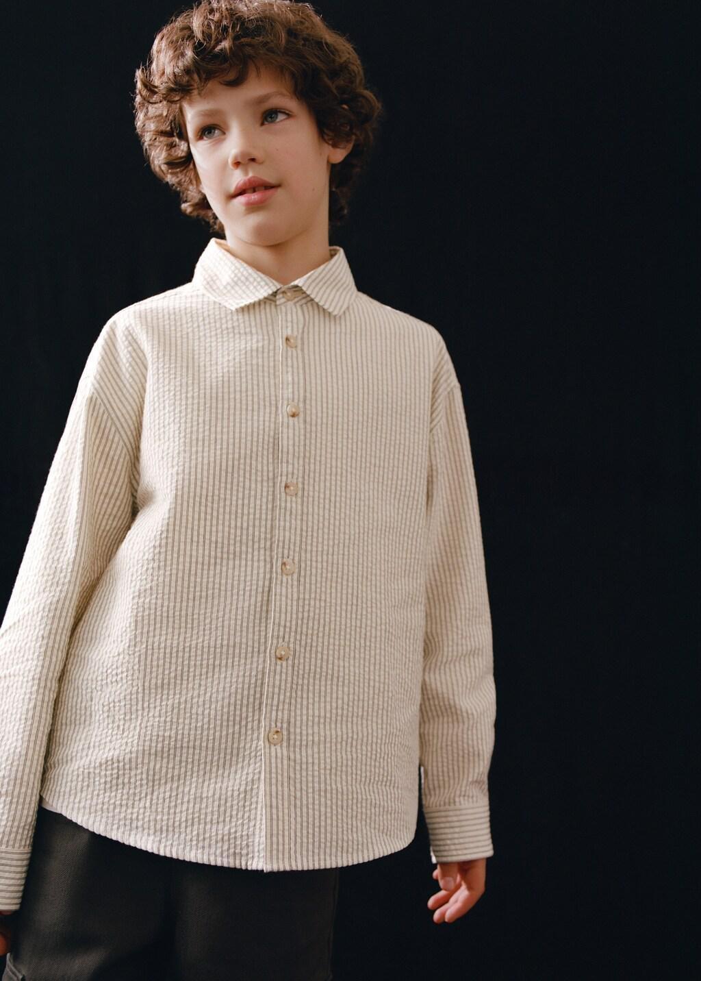Beige Striped Cotton Shirt, Kids Boy, Light Beige, medium