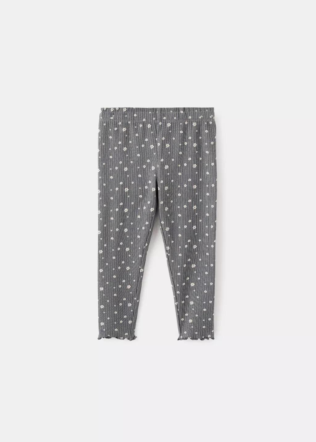 Grey Ribbed Floral Leggings, Kids Girls, Charcoal, large image number 0