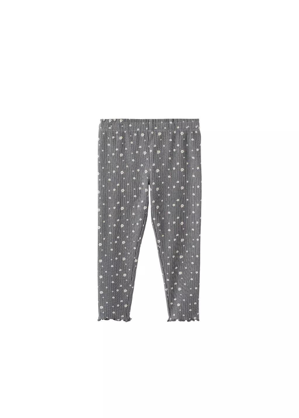 Grey Ribbed Floral Leggings, Kids Girls, Charcoal, large image number 1
