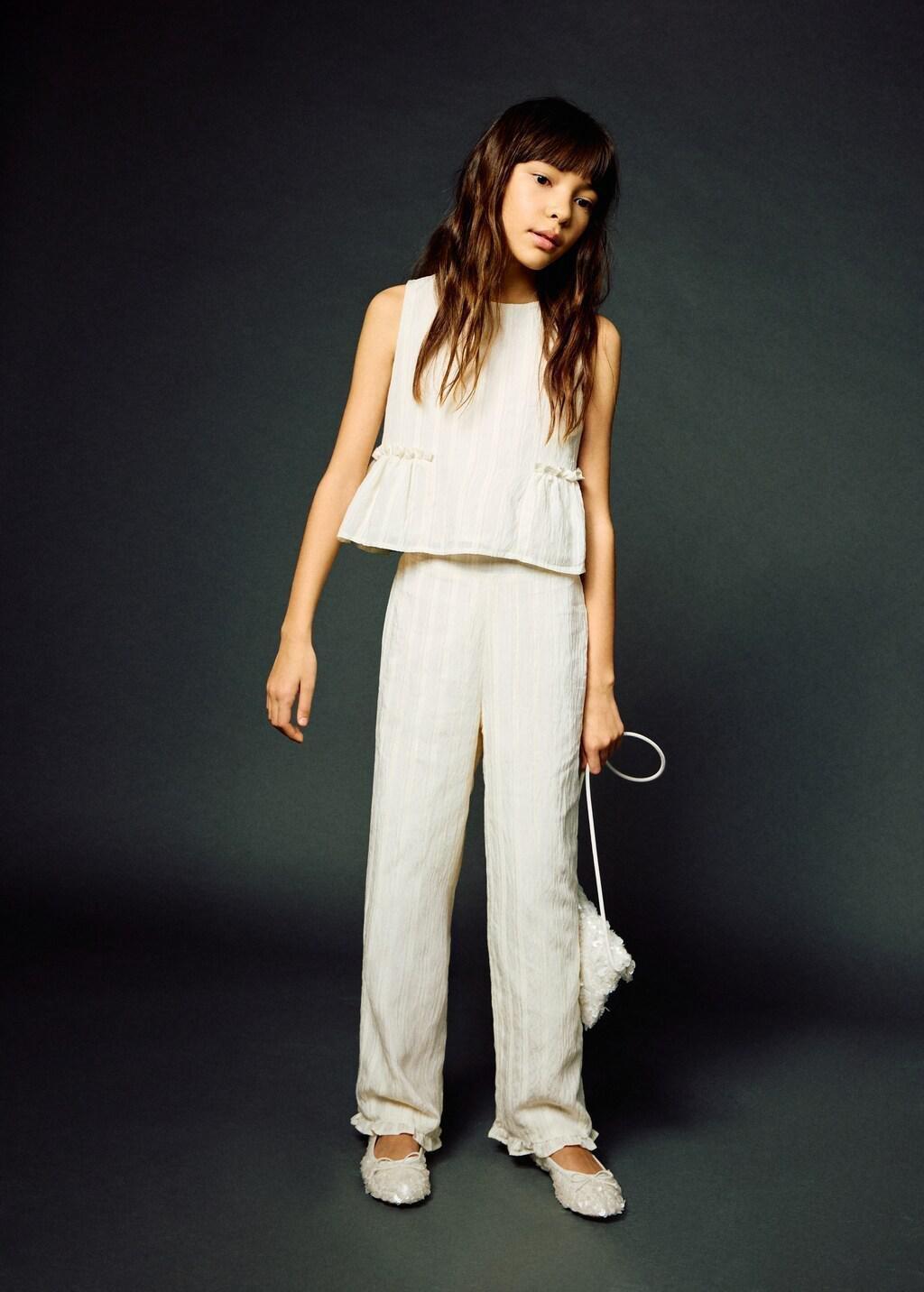 Beige Textured Trousers With Ruffled Hem, Kids Girls, Light Beige, large image number 0